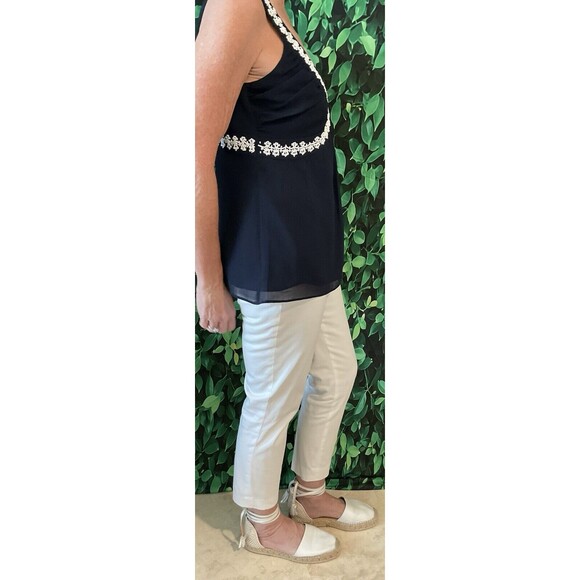 💙 LOFT Navy Sleeveless Chiffon Top w/ White Beaded V-Neck – Size 8 (Lined) - Picture 3 of 8